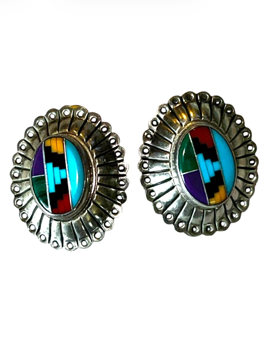 Vintage Zuni Sterling Silver Coral Turquoise Inlay Oval Clip On Earrings